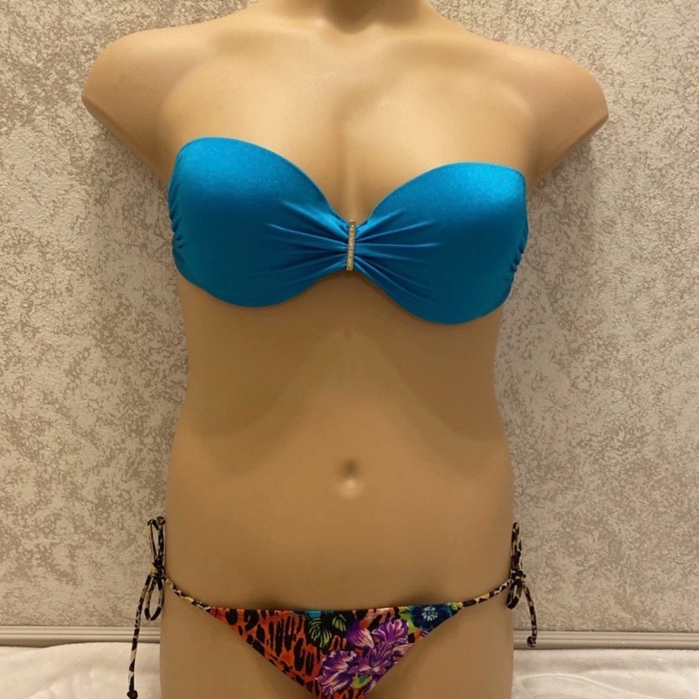 Victoria's Secret Teal Bikini with Colorful Floral Animal Print Bottom
